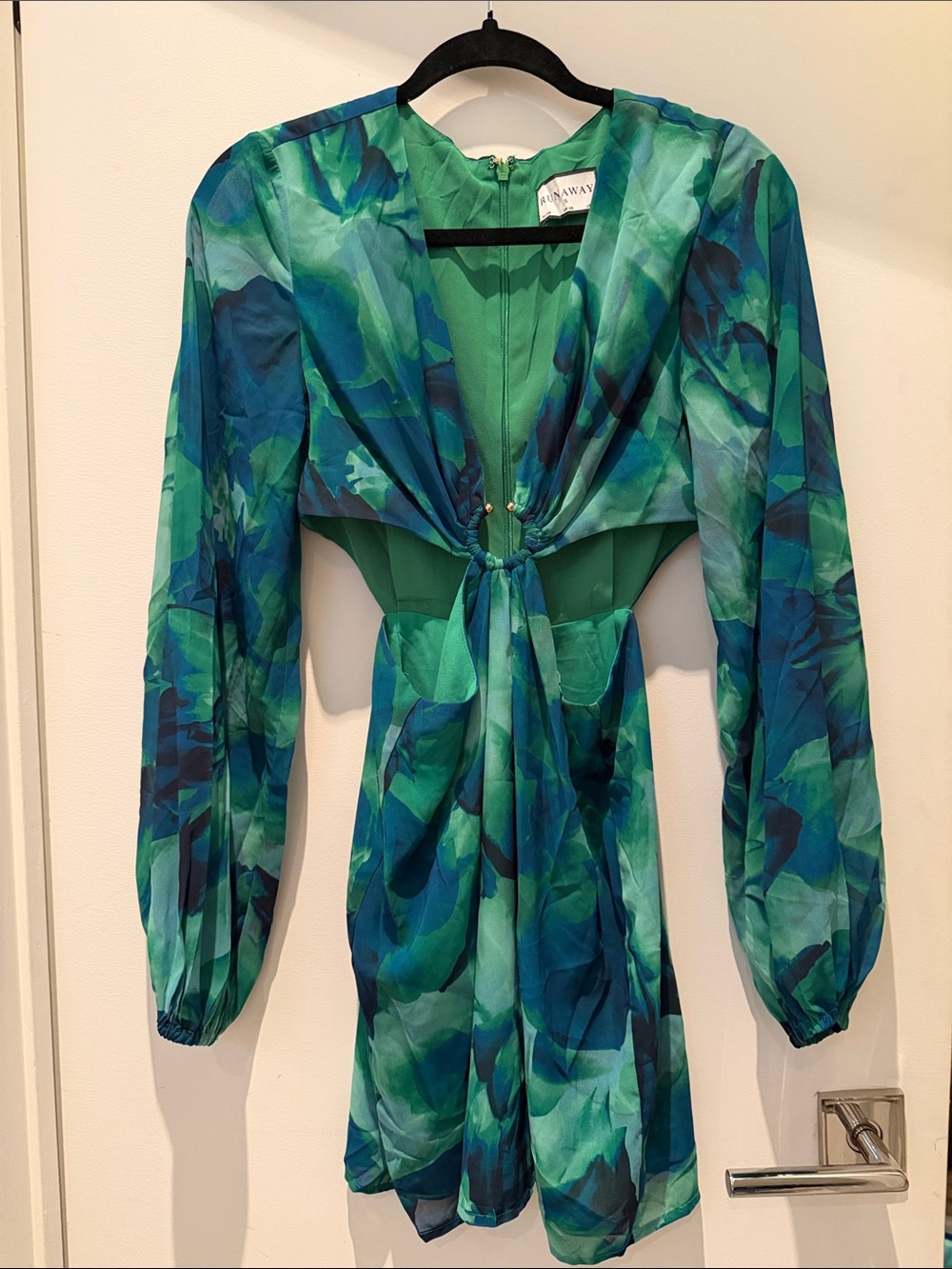 Green & Blue Tie-Front Long Sleeve Dress